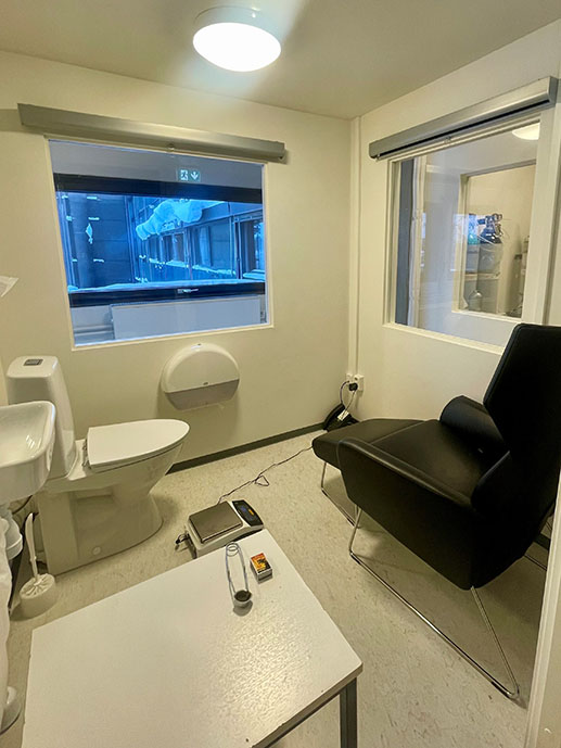 WRIC-rommet, en hvilestol, et toalett og en vask