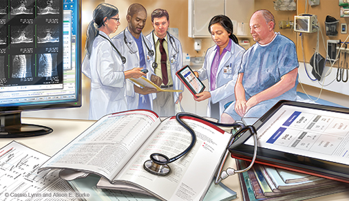 Illustration of patient and doctors using an ipad