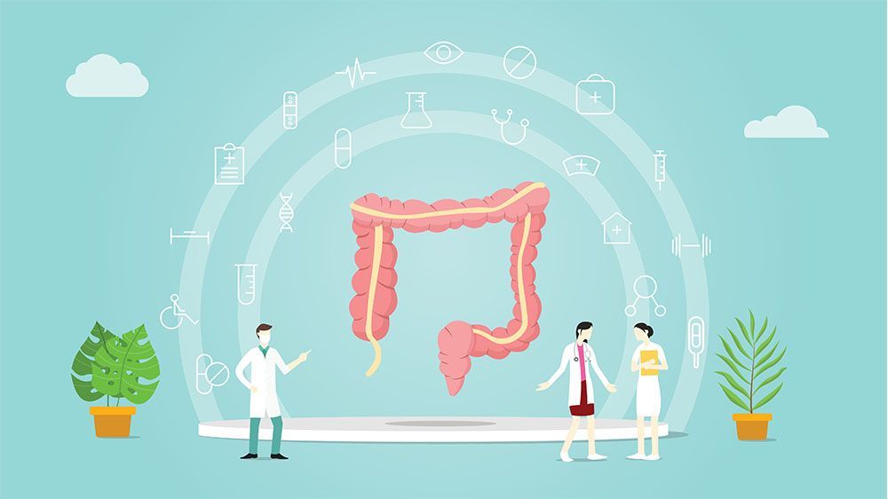 Illustration, drawing of a pink intestine on light blue background. Medical personnel standing around.