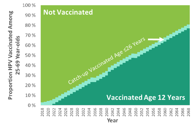 Figure of the Proportion HPV Vaccinated Among 25-69 year-olds in Norway.y contain: Green, Text, Line, Font, Slope.