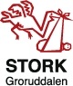 Tegning av en stork som fly med et nett med et spedbarn i nebbet. Logo STORK Groruddalen.