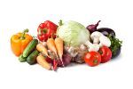 Grønnsaker som ligger sammen: paprika, tomat, kål, sopp, rædløk, agurk, aubergin, hvitløk, chili