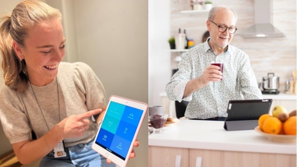 Bildet viser en kvinne som peker på en iPad, og et annet bilde av en mann med som holder et glass mens han ser på en iPad 