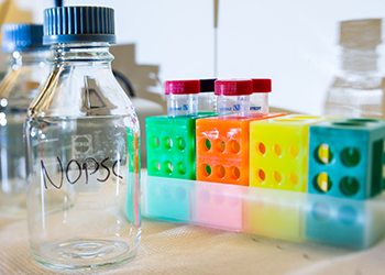 Glass bottle with the writing NOPSC in marker next to multi coloured blood sample rack with four test tubes.