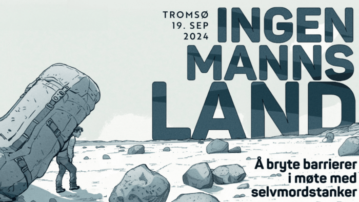Mann som bærer tung ryggsekk i goldt landskap. Illustrasjon