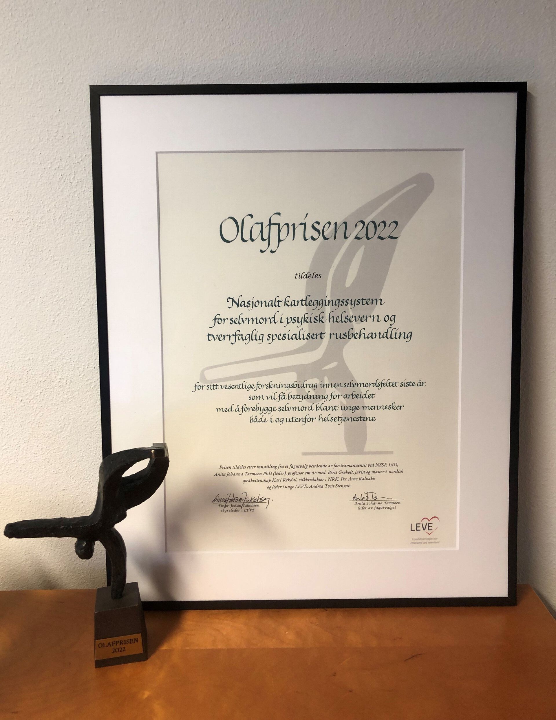 Diplom og statuett Olafprisen 2022