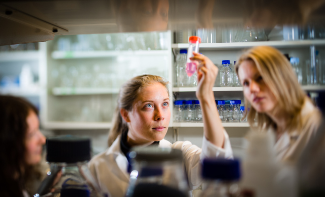  Kristina Ivanauskiene, Annika Winsnes og Torunn Rønningen undersøker cellemateriale på Philippe Collas' laboratorium.