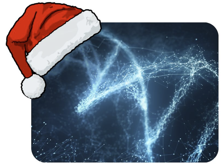 Graphical presentation of DNA, topped by a Santa hat in the top left hand corner