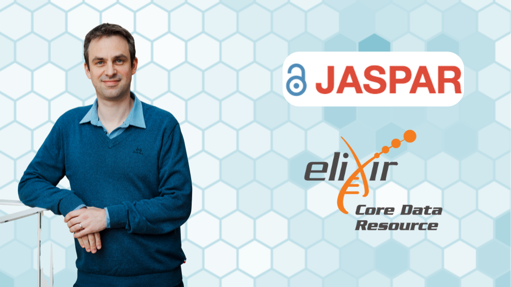 Anthony Mathelier represented on a beehive-like blue background with the Elixir and JASPAR logo. 