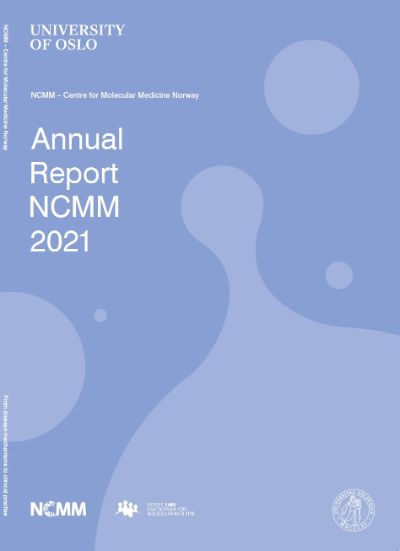 Image of the NCMM 2021 annual report front cover. It's light blue with lighter blue blobs