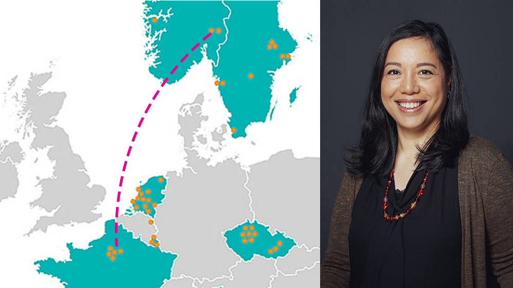 Map showing travel route from Oslo to Paris and a portrait of Camila Esguerra