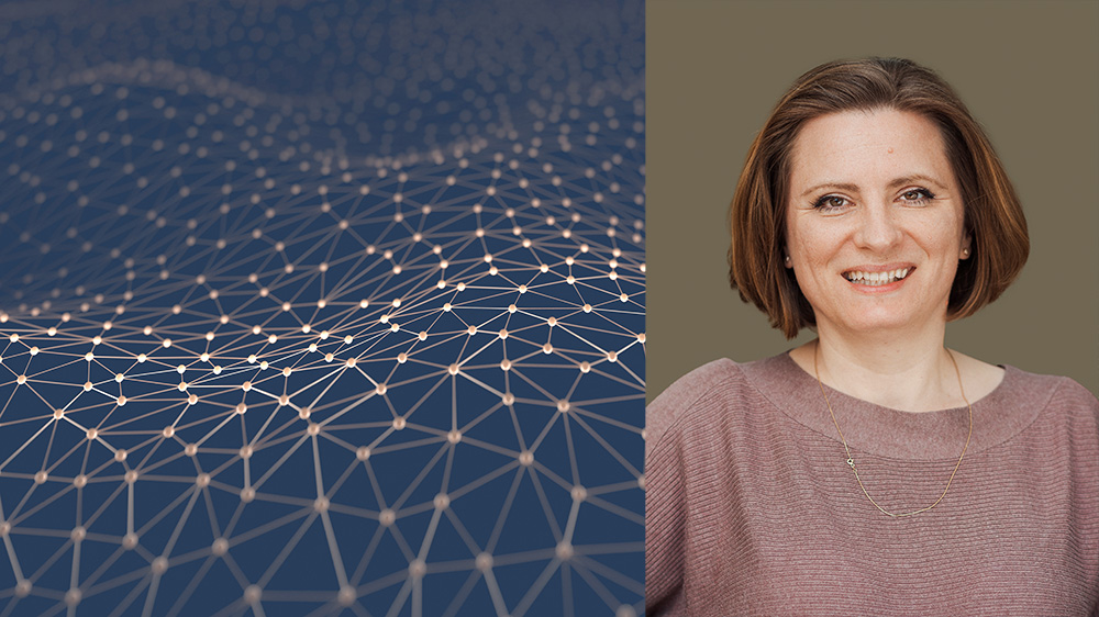to the left, an illustration of a network, to the right a portrait of Nikolina Sekulic