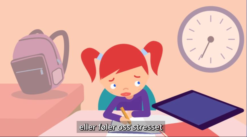 Skjermdump fra helseappen Zupersmart. Tegning av en jente som skriver på papir samtidig som skolesekken, nettbrettet og klokka på veggen vil ha oppmerksomhet.