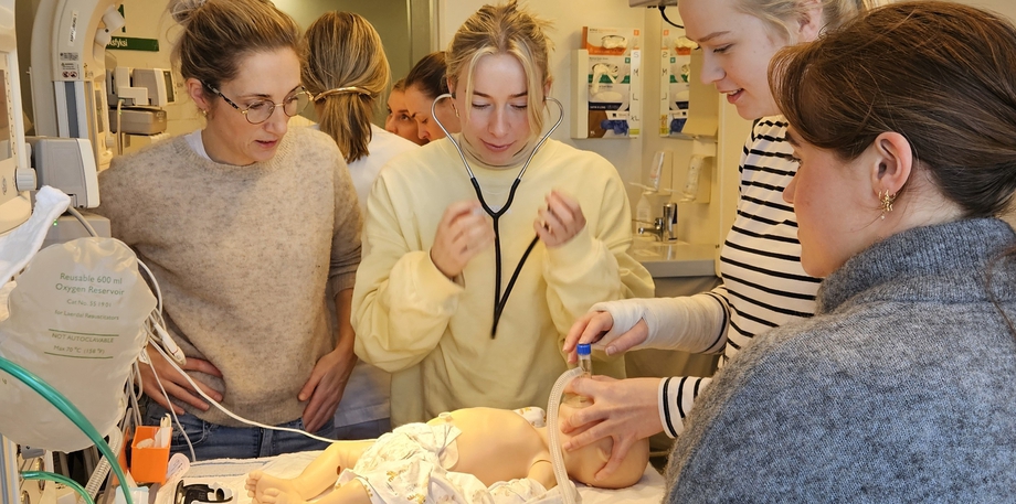 Fire medisinstudenter som jobber sammen på en dukke. 